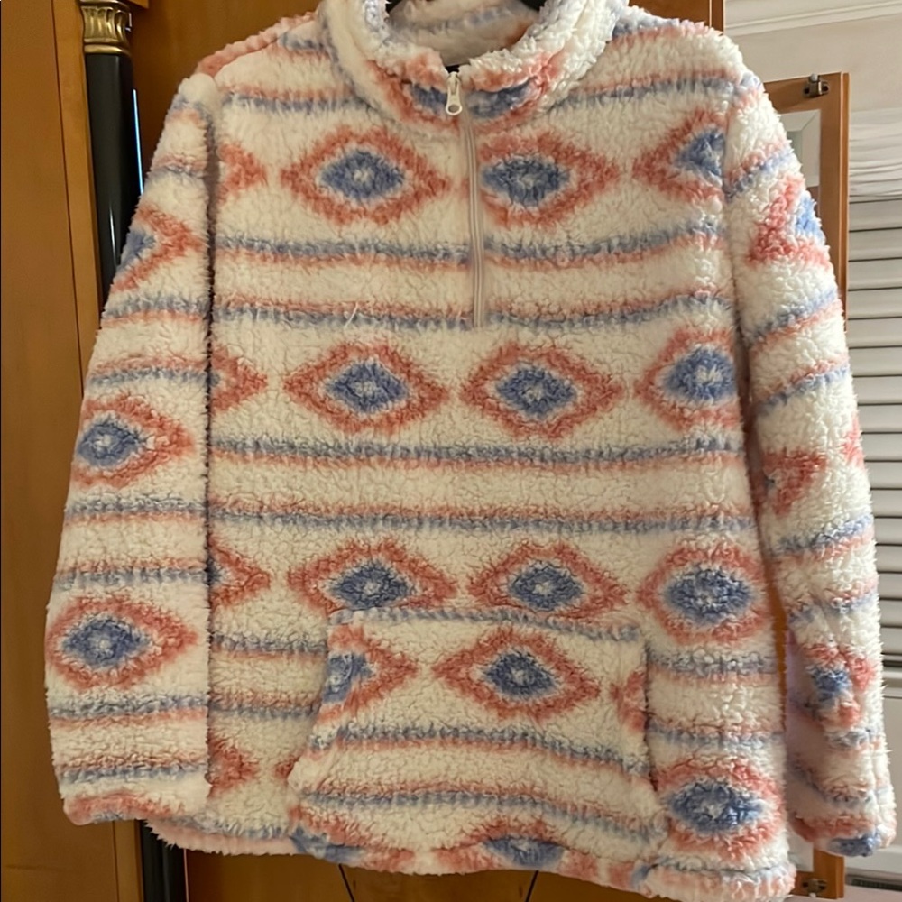 White and Blue Cowl Neck Sweater with Geometric Patterns
